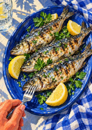 Three browned whole fish with lemon and parsley on a cobalt-blue platter, with a hand holding a fork and blue-and-white checked cloth.