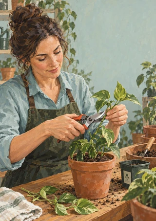 Woman in a pale blue-green shirt and dark apron trims a leafy plant above a terracotta pot with orange-handled pruning shears at a wooden workbench.