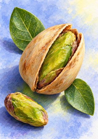 Open tan pistachio shell revealing a bright green kernel, with a detached kernel and two leaves against a blue-violet background.