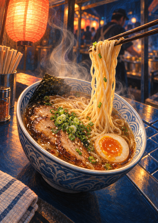 Steaming noodle soup with sliced meat, scallions, and a soft-boiled egg in a decorated bowl; chopsticks lift noodles beneath a glowing lantern.