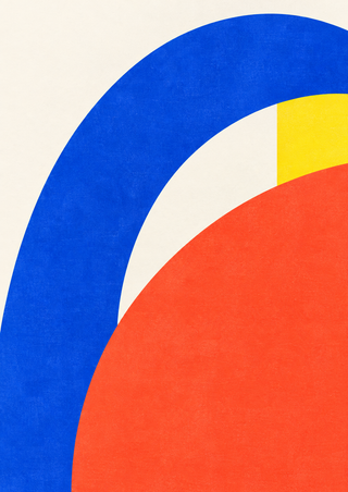 Abstract geometric composition with a cobalt-blue arch, coral-red curved form, yellow area, and warm-white negative space.