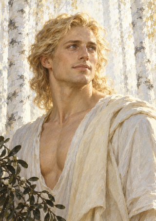 Blond man in a white robe among pale tree trunks, with a leafy berry branch at lower left.