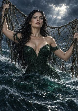 Dark-haired woman in a deep green dress holds a large fishing net above rough water beneath a bright opening in storm clouds.