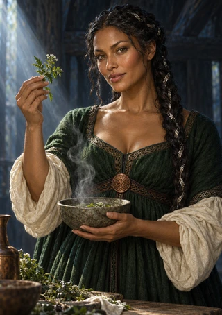 Woman in a dark green dress holds a white flower sprig above a bowl of herbs beside pottery and plants.