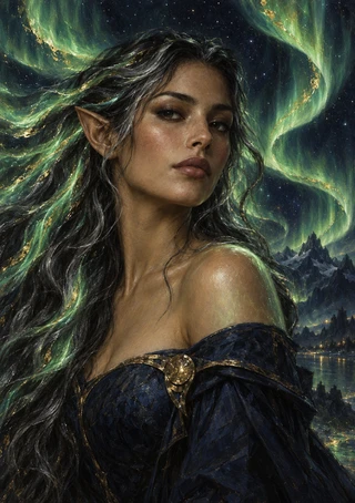 Close portrait of a dark-haired woman with a pointed ear beneath a luminous green aurora over distant mountains and water.