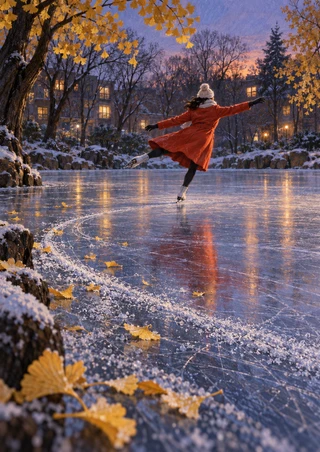 Small red-coated skater gliding across reflective lavender-blue pond ice, framed by golden leaves, dark trees, and lit windows.