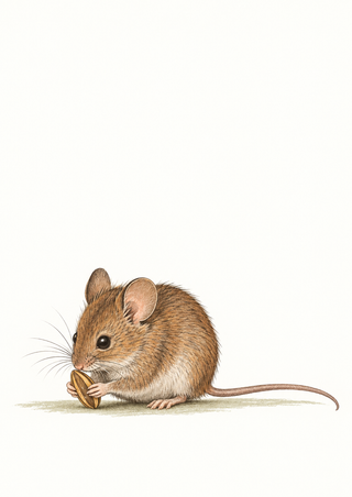 Brown field mouse crouching on a pale sage line, holding and sniffing a striped golden-brown seed against warm white.