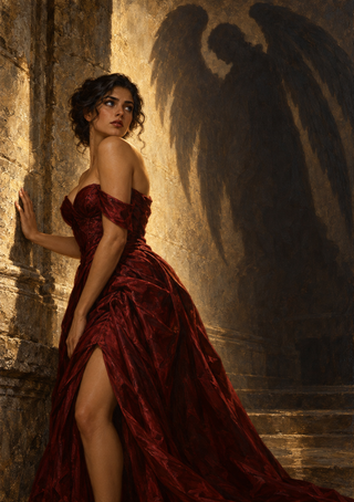Dark-haired woman in a burgundy gown stands against a stone wall as a large wing-shaped shadow fills the amber-lit corridor.
