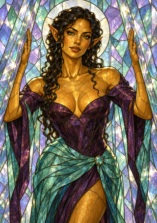 Pointed-eared woman in purple and turquoise raises her hands before colorful stained-glass-like panels and a circular form.