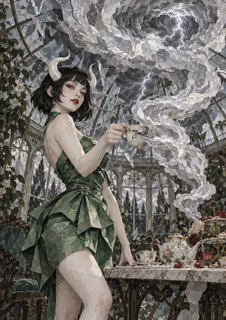 Horned woman in a dark-green angular dress holding a teacup in a glass conservatory beneath a swirling lightning-filled formation.