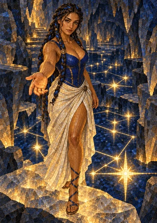 Braided woman in a blue-and-gold bodice and white draped skirt reaching toward the viewer in a star-lit blue underground passage.