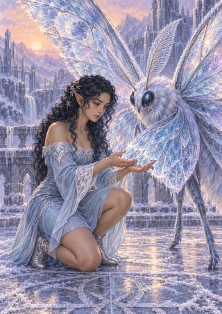 Pointed-eared woman in a pale blue gown kneels beside a giant icy-winged moth against snowy steps and distant spired architecture.