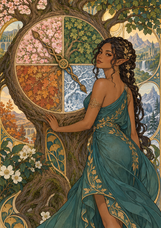 Pointed-eared woman in a teal and gold dress stands beside a circular tree-framed dial divided into spring, summer, autumn, and winter scenes.