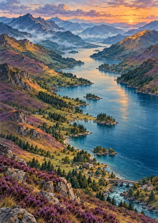 A winding blue loch leads through layered Highland-like mountains and wooded hills toward a warm sunset, with a small settlement and stone bridge.