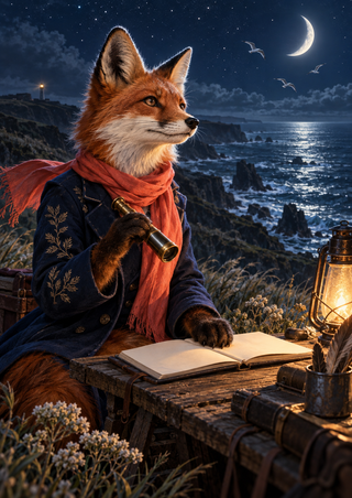 A russet fox in a dark coat and coral scarf sits at a coastal field desk with a spyglass and blank notebook beneath a crescent moon.