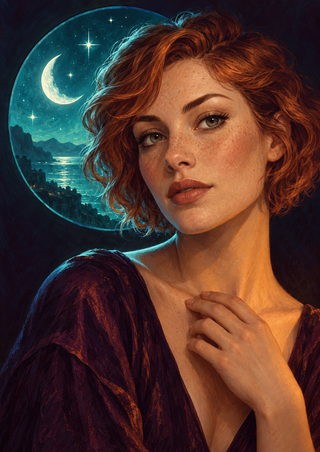 Close portrait of a freckled adult woman with copper-red hair and a hand at her chest, before a turquoise-edged moonlit seascape.