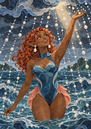 Smiling pointed-eared woman in blue standing in choppy water and reaching toward pearl-like drops falling from a cloudy sky.