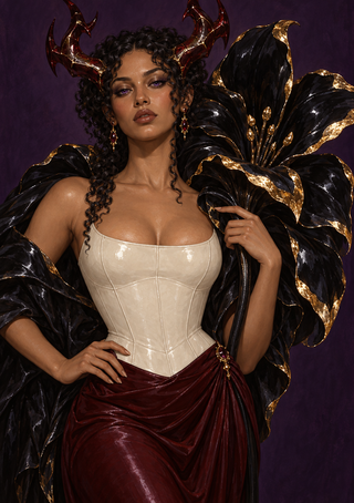 Horned woman in a pale corset and burgundy skirt posed before a large glossy black flower with gold-edged petals.