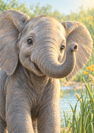 Young elephant calf facing the viewer with broad ears and an upward-curled trunk beside water and reeds.