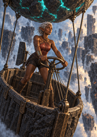Pointed-ear woman pilots a stone-built balloon craft beneath a rocky canopy with glowing turquoise fissures.