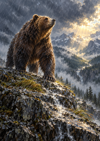 Brown bear on a wet rocky ledge in mountain rain, facing a golden break in the clouds.