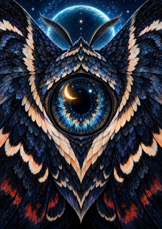 Symmetrical dark moth-like wings frame a large glossy blue eye with a golden crescent reflection and a glowing blue halo.