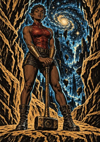 Muscular pointed-eared figure holding a large hammer in a jagged cavern with a star-filled spiral galaxy behind.