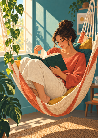 Adult woman with her hair in a bun reading an open book while curled in a woven hammock chair in a bright room with a window and trailing plants.