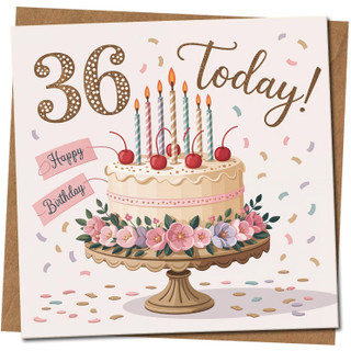 36 Today Birthday Card - Cake, Candles & Confetti - 145mm x 145mm Square - 36th Happy Birthday Greeting Card, Includes Kraft Envelope