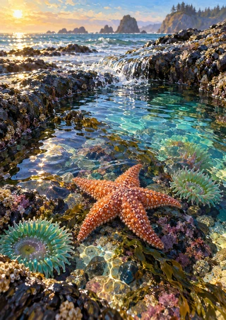 Orange sea star in a reflective turquoise tidepool among anemones and dark coastal rocks, with the sea beyond.