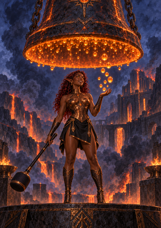 Armored red-haired woman holding a hammer beneath a glowing bell in a smoky volcanic city.