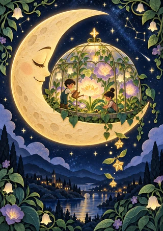A smiling crescent moon cradles a glowing greenhouse with two gardeners and luminous flowers above a starry lake and village.