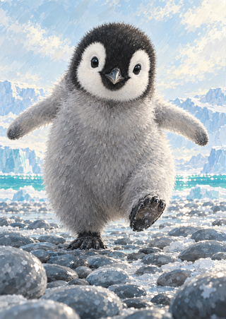 A fluffy penguin chick balances with one foot raised and wings outstretched on a field of icy pebbles.