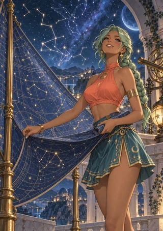 Mint-haired anime-style woman reaches toward a constellation chart beneath a crescent moon, with an observatory arch and telescope beside her.