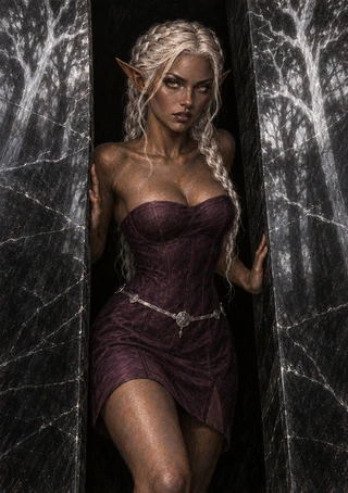 Pale-haired, pointed-eared woman in a plum dress standing between dark veined stone slabs.