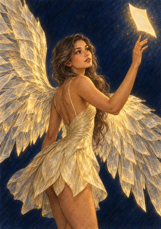 Woman in a pale dress with broad translucent gold-toned wings reaching toward a glowing page.