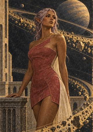 Pointed-eared woman in a red dress and light cape beside a stone balustrade, with a giant ringed planet in the dark sky.