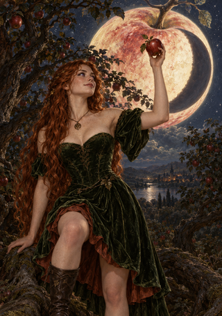 Red-haired woman in a dark green dress holding a red apple before a large moon, framed by orchard branches above a distant lake and settlement.