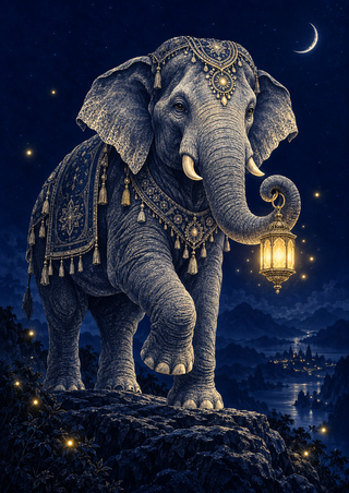 Ornamented elephant standing on a rocky ledge and holding a glowing gold lantern beneath a crescent moon.