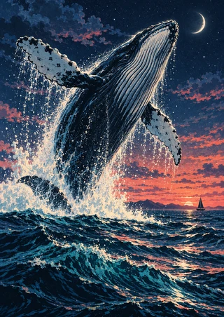 A dark humpback whale breaches from indigo and turquoise waves beneath a crescent moon, with spray, a coral horizon and a tiny sailboat.