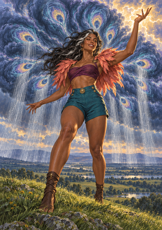 Woman in a purple top and coral feather-like mantle posing before a fan of swirling storm clouds and rain.