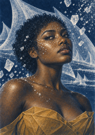 Fantasy portrait of a dark-skinned woman with short curls, pale crystalline flecks, a faceted gold garment, and pale angular forms against a deep blue background.