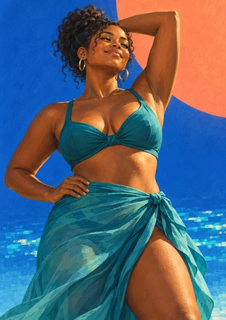 An adult Black woman in a teal wrap outfit stretches with one arm bent overhead against a cobalt and coral background beside blue water.