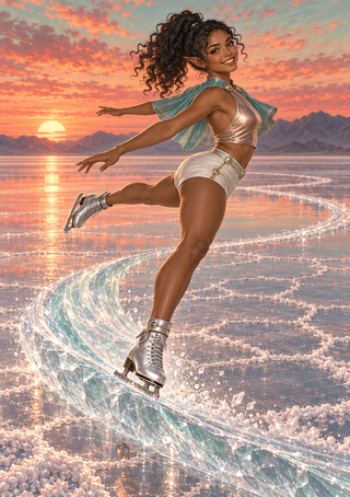 A pointed-eared woman in silver-white clothing skates across a reflective salt flat at sunset, followed by a luminous curling trail.