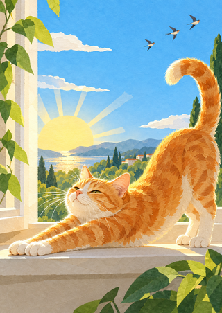 Orange-and-white cat stretching across a sunny windowsill, with a low sun and three birds in the blue sky.