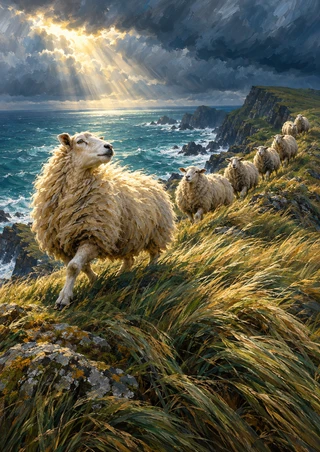 A large cream-colored sheep leads five smaller sheep along a grassy coastal slope beneath dramatic clouds, with cliffs and teal sea behind them.