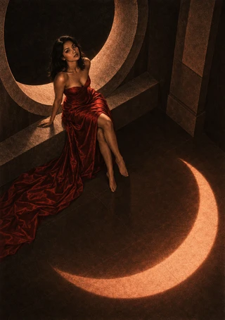 Barefoot woman in a dark red gown seated in a shadowy stone interior with large crescent forms across the floor and behind her.