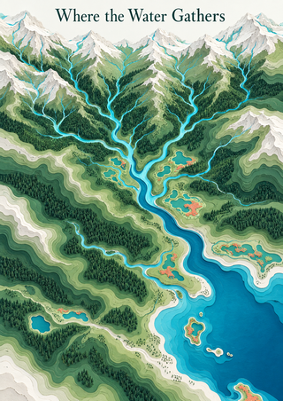 Decorative watershed map showing snowy mountain peaks, forests, branching turquoise rivers, coral-accented wetlands, and a large blue lake below the title Where the Water Gathers.