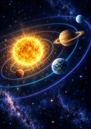Luminous golden sun and four differently colored planets on fine diagonal orbital paths against a star-filled midnight-blue background.