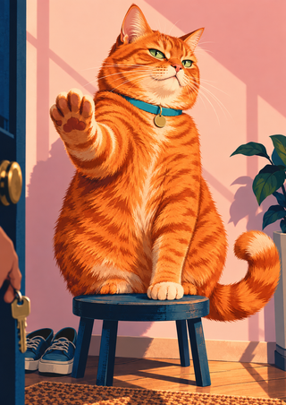 Large ginger tabby with a turquoise collar raises one paw while seated on a dark stool in a pink doorway-like interior.